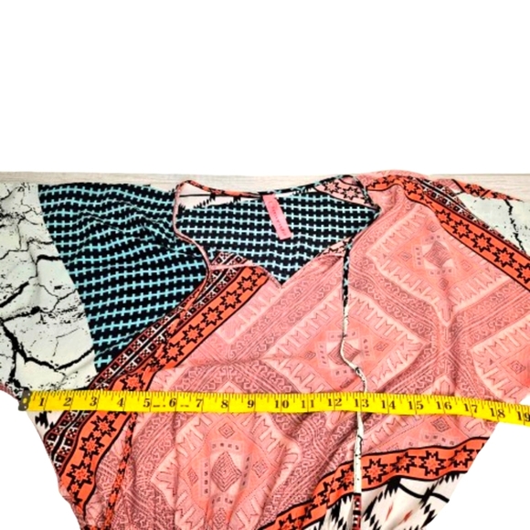 Womens Multicolored Mix Pattern Tie V-Neck Smocked Waist Mini Spring Dress M - Picture 6 of 11